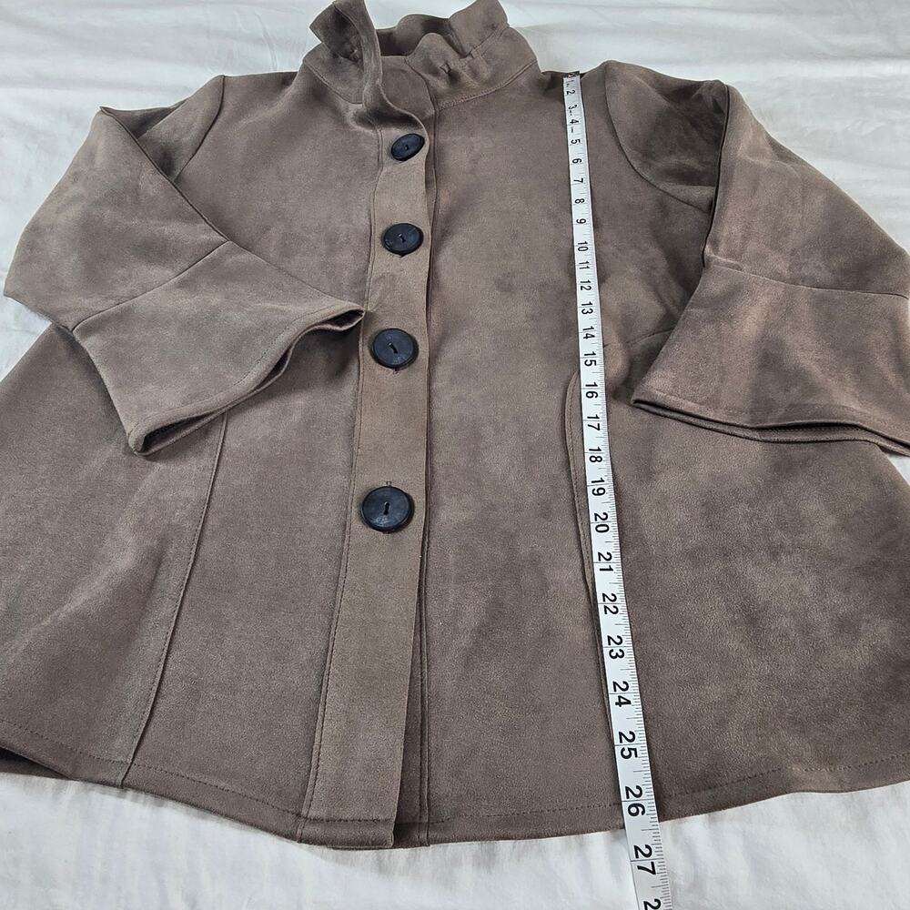 Damee Mock Funnel Neck Micro Faux Suede Jacket Taupe Brown Medium A-Line Swing - Picture 7 of 9
